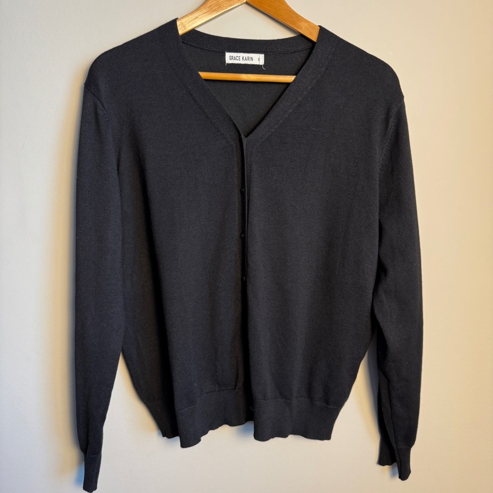 Grace Karin Womens Black Cardigan Sweater 2XL Button Front V-Neck Long Sleeve